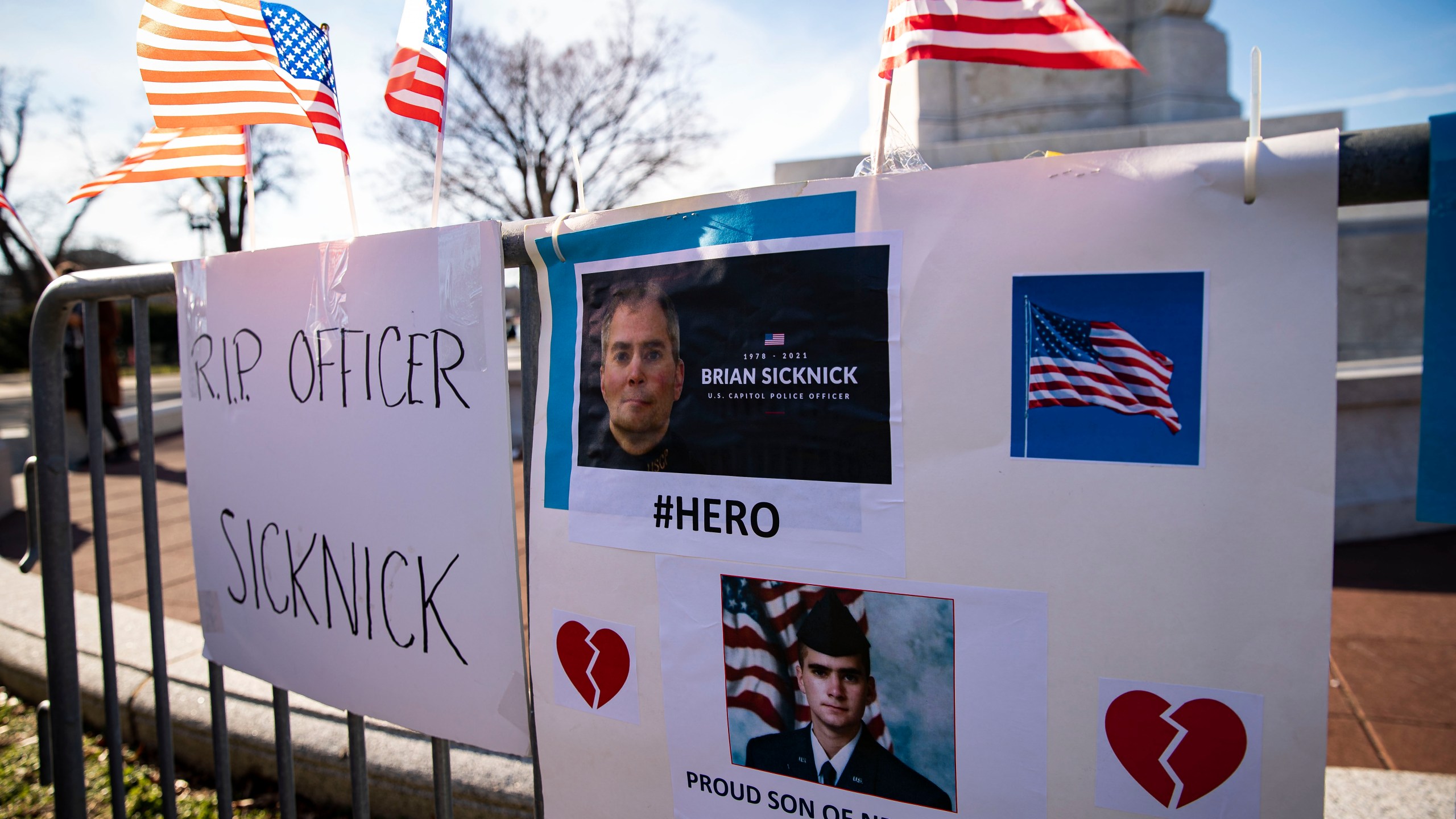 A memorial for Brian Sicknick, the U.S. Capitol Police officer who died from injuries following the siege on the building in early January 2021, is remembered in a memorial near the U.S. Capitol on Jan. 10, 2021 in Washington, D.C. A pro-Trump mob stormed and desecrated the Capitol on Jan. 6 as Congress held a joint session to ratify President-elect Joe Biden's 306-232 Electoral College win over President Donald Trump. (Al Drago/Getty Images)