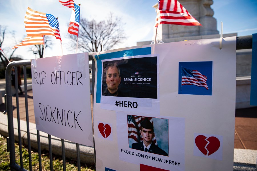 A memorial for Brian Sicknick, the U.S. Capitol Police officer who died from injuries following the siege on the building in early January 2021, is remembered in a memorial near the U.S. Capitol on Jan. 10, 2021 in Washington, D.C. A pro-Trump mob stormed and desecrated the Capitol on Jan. 6 as Congress held a joint session to ratify President-elect Joe Biden's 306-232 Electoral College win over President Donald Trump. (Al Drago/Getty Images)