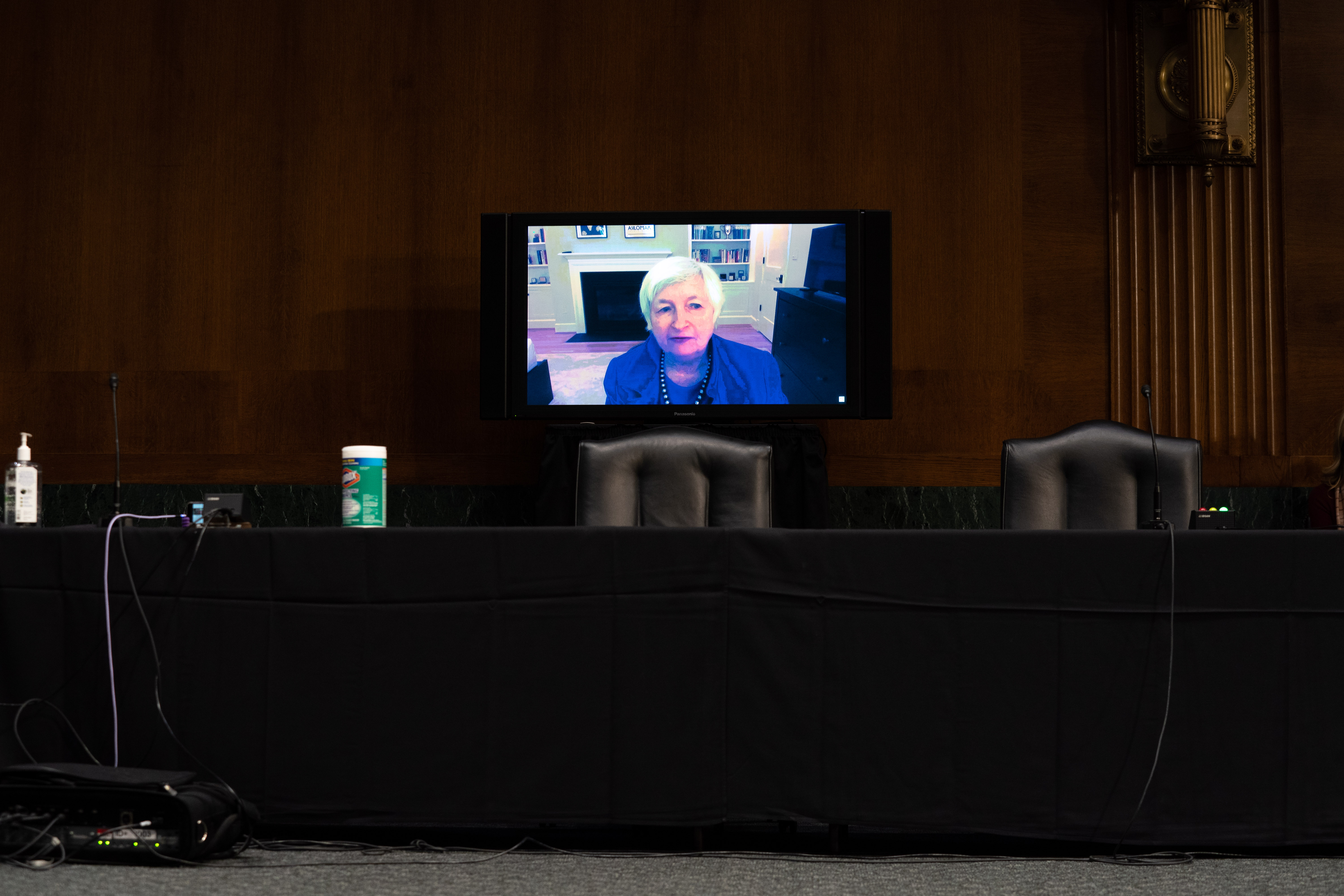 Janet Yellen, nominee for secretary of the Treasury, participates remotely in a Senate Finance Committee hearing in Washington D.C., on Jan. 19, 2021. (ANNA MONEYMAKER/POOL/AFP via Getty Images)