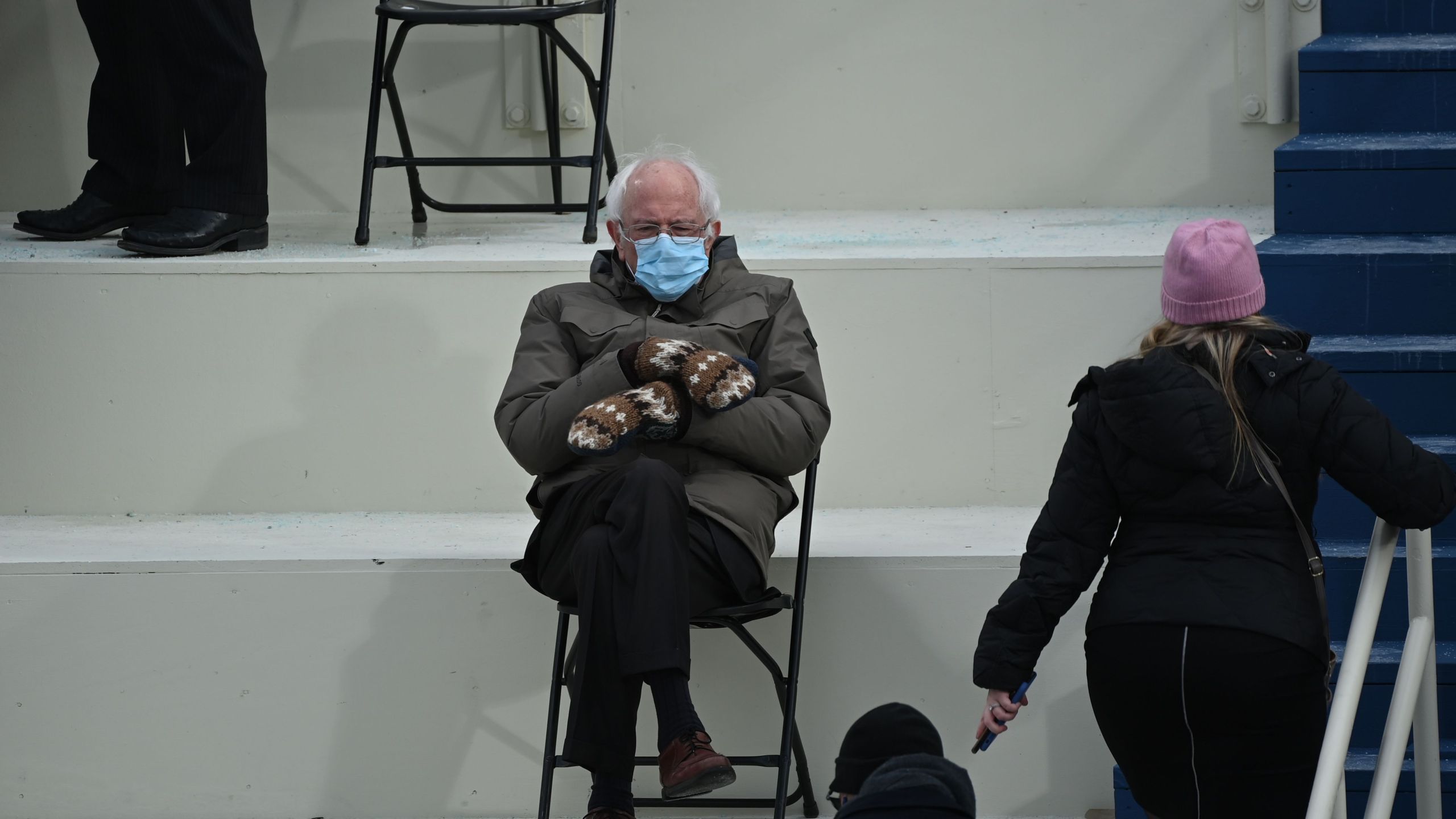 Sen. Bernie Sanders (D-Vermont) sits in the bleachers on Capitol Hill before Joe Biden is sworn in as the 46th U.S. president on Jan. 20, 2021, at the U.S. Capitol in Washington, D.C. (BRENDAN SMIALOWSKI/AFP via Getty Images)