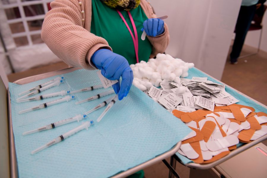 Syringes filled with a dose of the Covid-19 vaccine await to be administered at the Kedren Community Health Center on Jan. 25, 2021, in Los Angeles. (PATRICK T. FALLON/AFP via Getty Images)