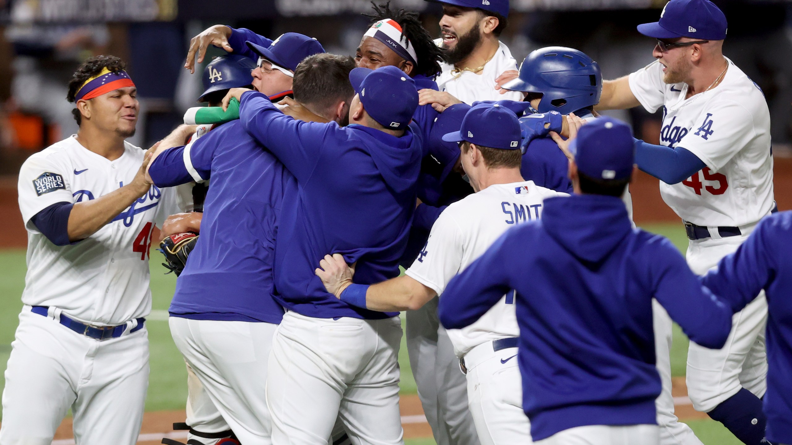 The Los Angeles Dodgers celebrate after defeating the Tampa Bay Rays 3-1 in Game Six to win the 2020 MLB World Series at Globe Life Field on Oct. 27, 2020 in Arlington, Texas. (Tom Pennington/Getty Images)