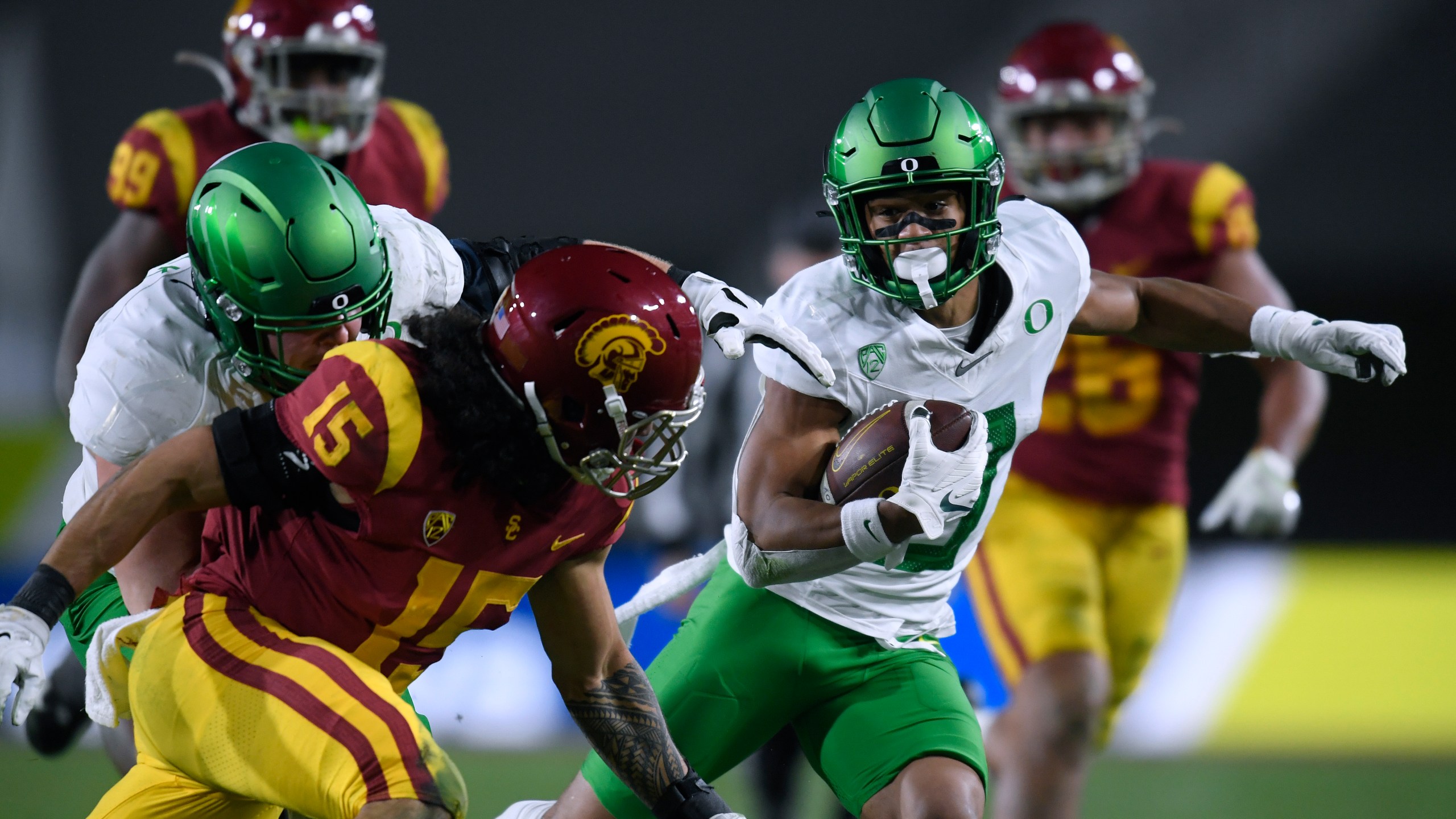 in the PAC 12 2020 Football Championship at United Airlines Field at the Coliseum on December 18, 2020 in Los Angeles. (Harry How/Getty Images)