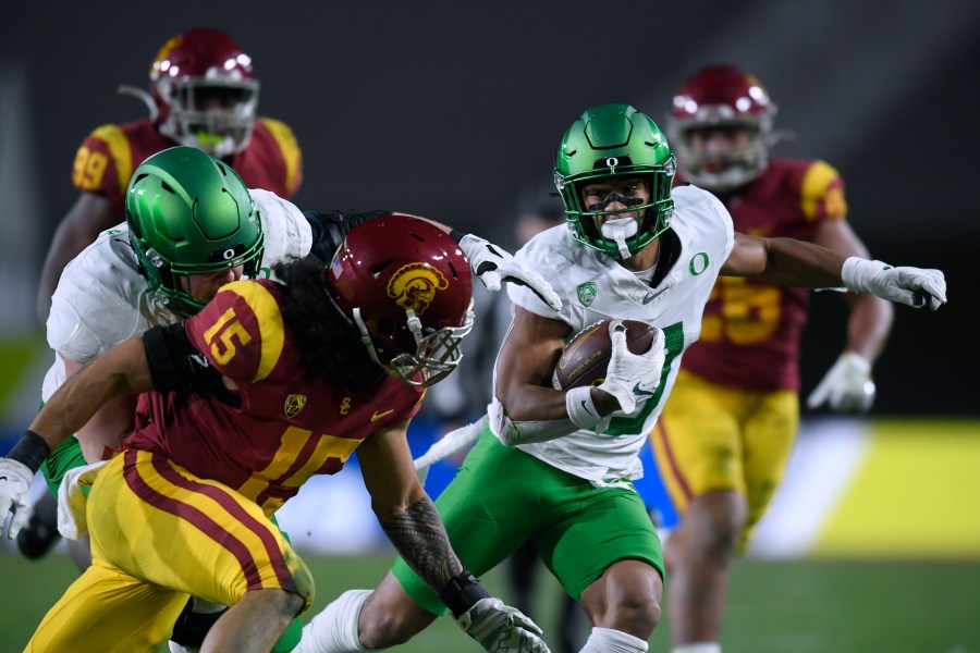 in the PAC 12 2020 Football Championship at United Airlines Field at the Coliseum on December 18, 2020 in Los Angeles. (Harry How/Getty Images)