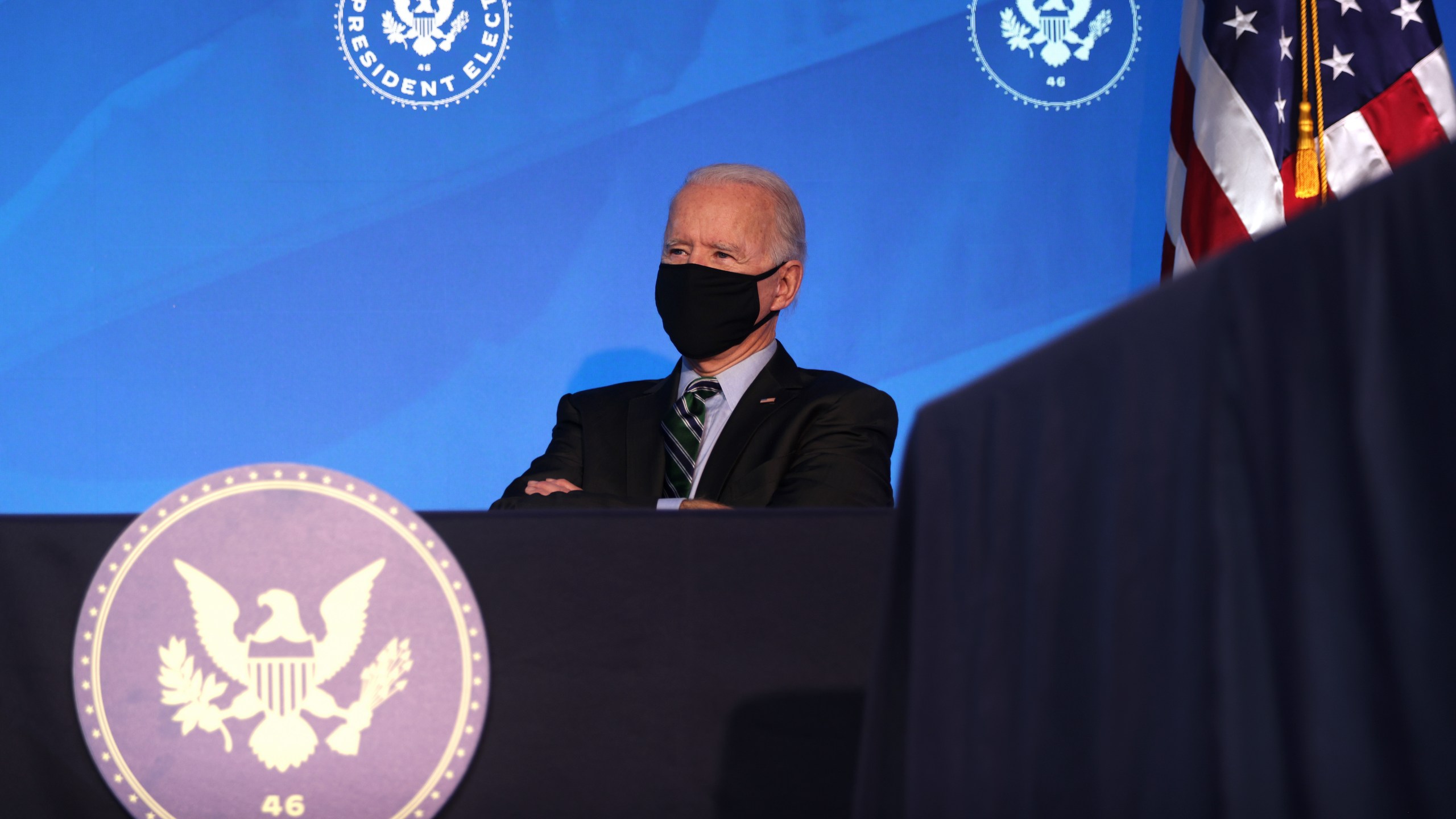 U.S. President-elect Joe Biden listens during an announcement Jan. 16, 2021 at the Queen theater in Wilmington, Delaware. (Alex Wong/Getty Images)