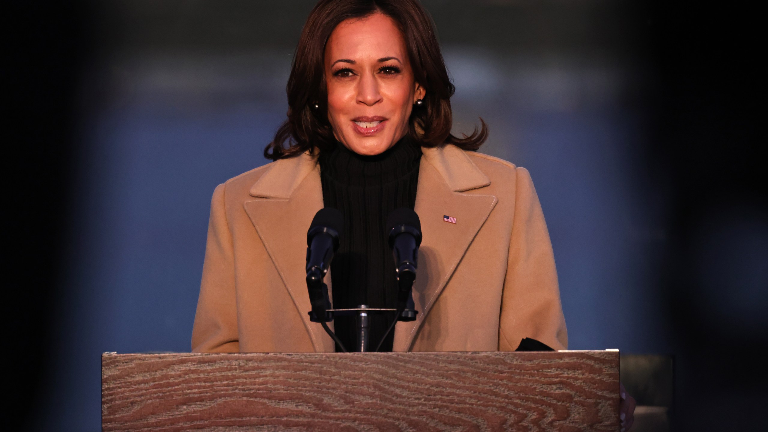 Vice President-elect Kamala Harris speaks at a memorial for victims of the coronavirus pandemic at the Lincoln Memorial on the eve of the presidential inauguration on Jan. 19, 2021, in Washington, DC. (Michael M. Santiago/Getty Images)