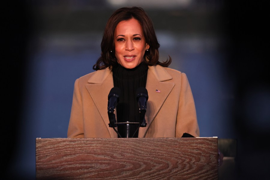 Vice President-elect Kamala Harris speaks at a memorial for victims of the coronavirus pandemic at the Lincoln Memorial on the eve of the presidential inauguration on Jan. 19, 2021, in Washington, DC. (Michael M. Santiago/Getty Images)