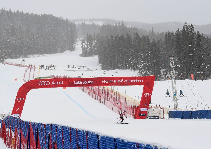 Heavy snow and poor visibility created difficult conditions during the Audi FIS Ski World Cup 2nd Women's Downhill race at the Lake Louise Ski Resort in Alberta, Canada on Dec. 3, 2016. (MARK RALSTON/AFP via Getty Images)