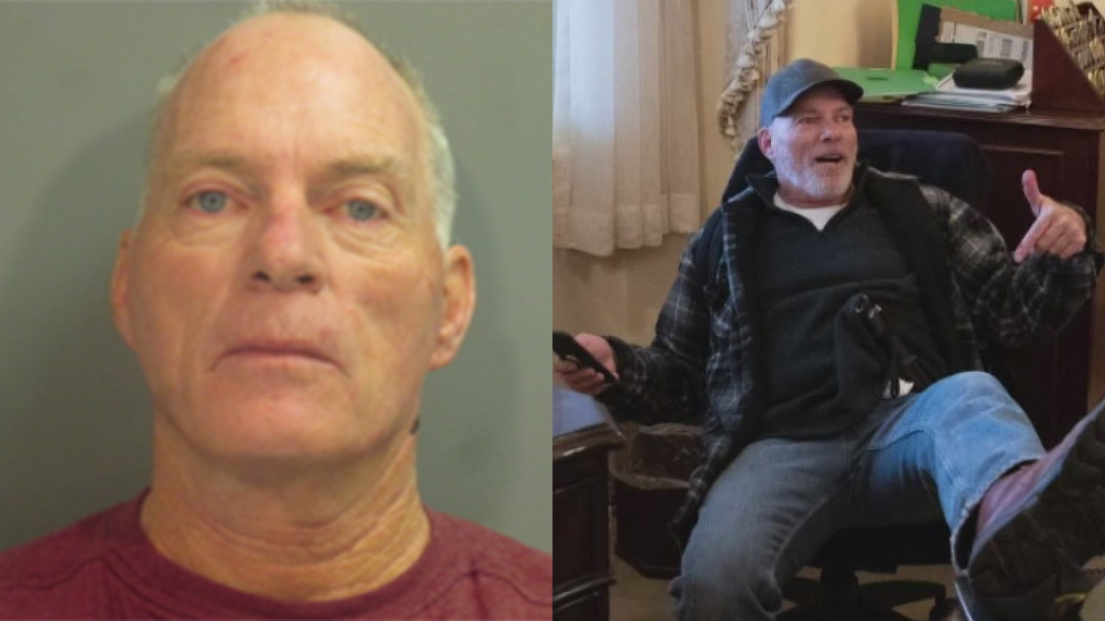 Richard Barnett, 60, was arrested in Arkansas after he was photographed sitting in the office of US Speaker of the House Nancy Pelosi during riots at the US Capitol in Washington, DC, January 6, 2021. - Demonstrators breeched security and entered the Capitol as Congress debated the a 2020 presidential election Electoral Vote Certification. (Photos: Washington County Sheriff's Office and SAUL LOEB/AFP via Getty Images)