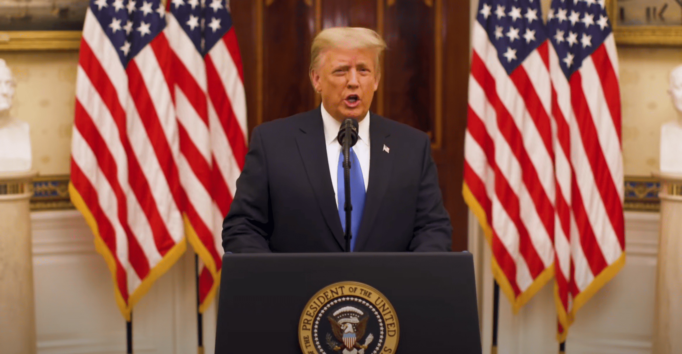 Outgoing President Donald Trump delivers a farewell address in a still from a video posted to the White House YouTube account on Jan. 19, 2021.