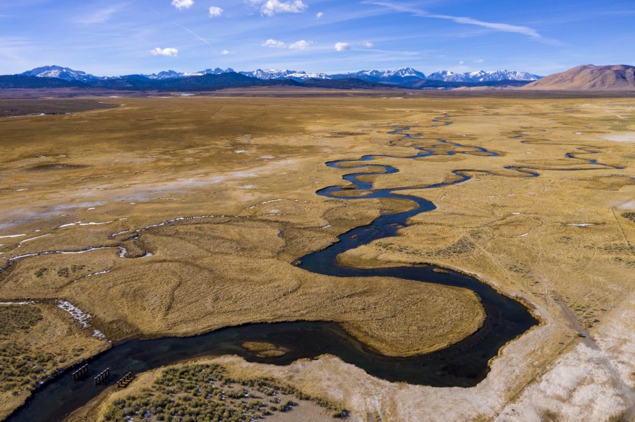 The Owens River flows through wetlands and pastures near Benton Crossing on Wednesday, Jan. 13, 2021 in Mammoth Lakes. For seven decades, LADWP has provided free allotments of water for irrigation purposes in the area and now they want to send the water south to Los Angeles instead. (Brian van der Brug / Los Angeles Times