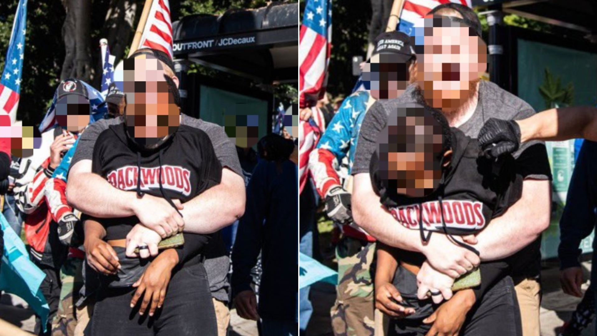 A man grabs a woman at a pro-Trump protest outside Los Angeles City Hall on Jan. 8, 2021, in photos released by the Los Angeles Police Department. LAPD has edited these photos to conceal the identities of those involved.