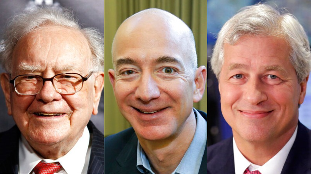 This combination of file photos from left shows Warren Buffett, chairman and CEO of Berkshire Hathaway, on Sept. 19, 2017, in New York, Jeff Bezos, CEO of Amazon.com, on Sept. 24, 2013, in Seattle and JP Morgan Chase Chairman and CEO Jamie Dimon on July 12, 2013, in New York. (AP Photos, File)