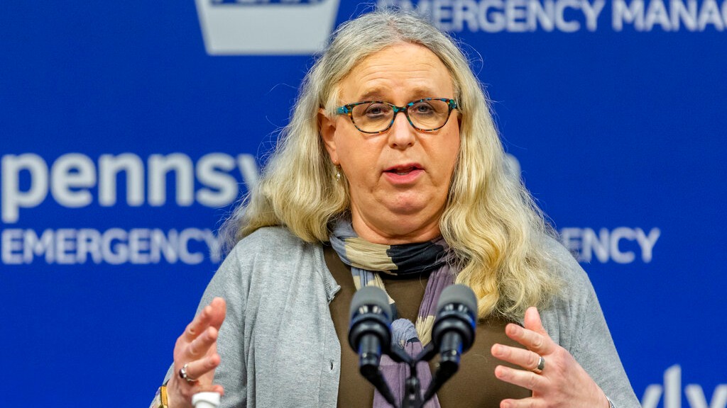 In this May 29, 2020, file photo, Pennsylvania Secretary of Health Dr. Rachel Levine meets with the media at the Pennsylvania Emergency Management Agency (PEMA) headquarters in Harrisburg, Pa. (Joe Hermitt/The Patriot-News via AP, File)