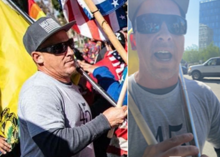 A man identified as a person of interest in a suspected hate crime attack at a pro-Trump protest in downtown Los Angeles on Jan. 6, 2021, is seen in images released by the Los Angeles Police Department.