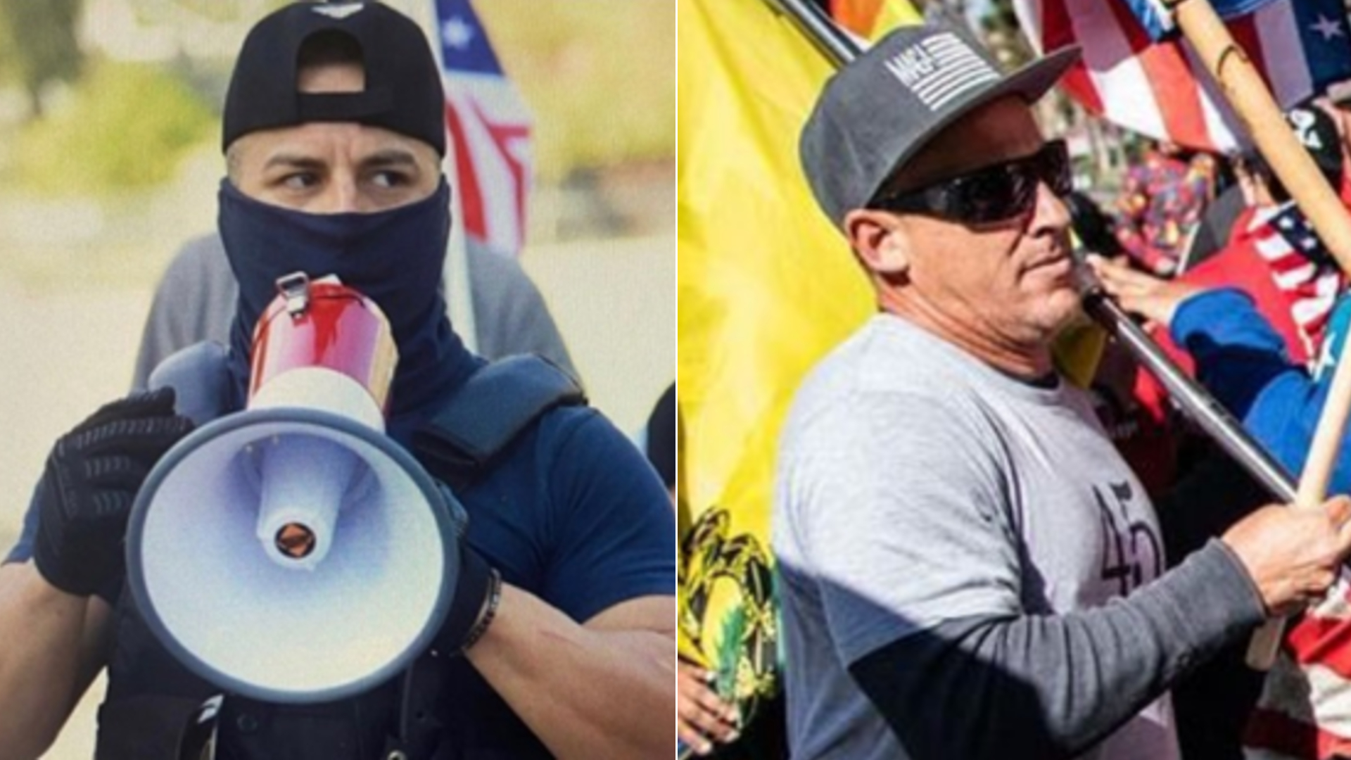 Two men identified as persons of interest in a suspected hate crime attack at a pro-Trump protest in downtown Los Angeles on Jan. 6, 2021, are seen in images released by the Los Angeles Police Department.