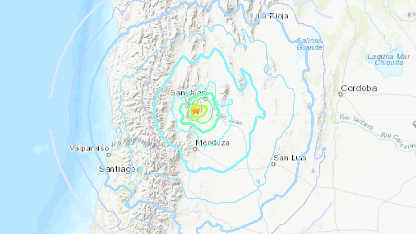 The footprint of a 6.4 magnitude earthquake that struck in northwest Argentina, near the border with Chile, on Jan. 18, 2021, is seen in map provided by the U.S. Geological Survey.