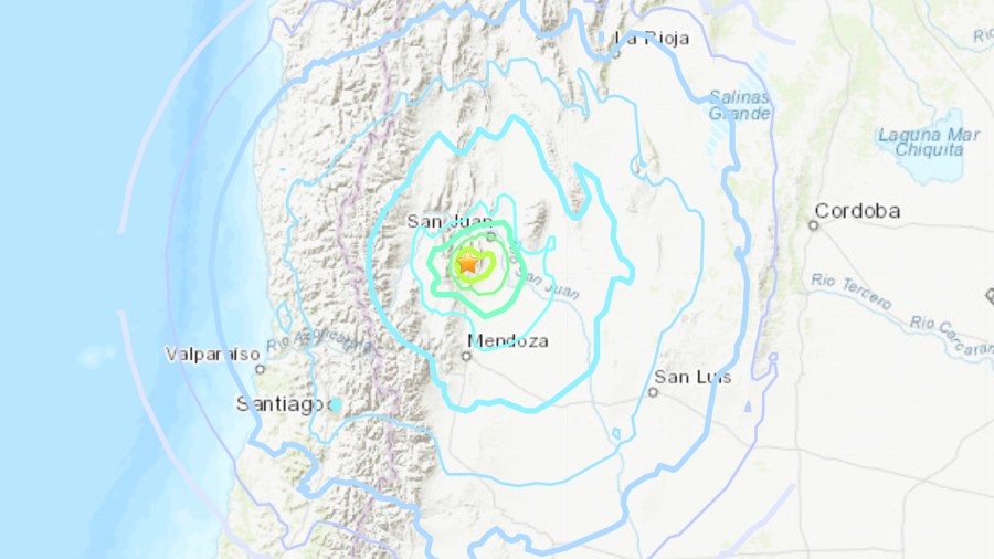 The footprint of a 6.4 magnitude earthquake that struck in northwest Argentina, near the border with Chile, on Jan. 18, 2021, is seen in map provided by the U.S. Geological Survey.