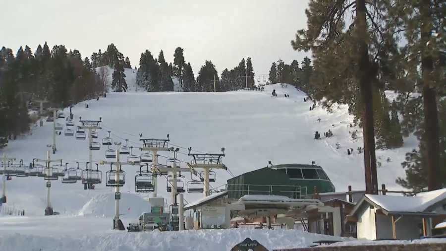 Big Bear Mountain Resort is seen on Jan. 28 as it prepares for another storm to drop several more inches of snow. (KTLA)