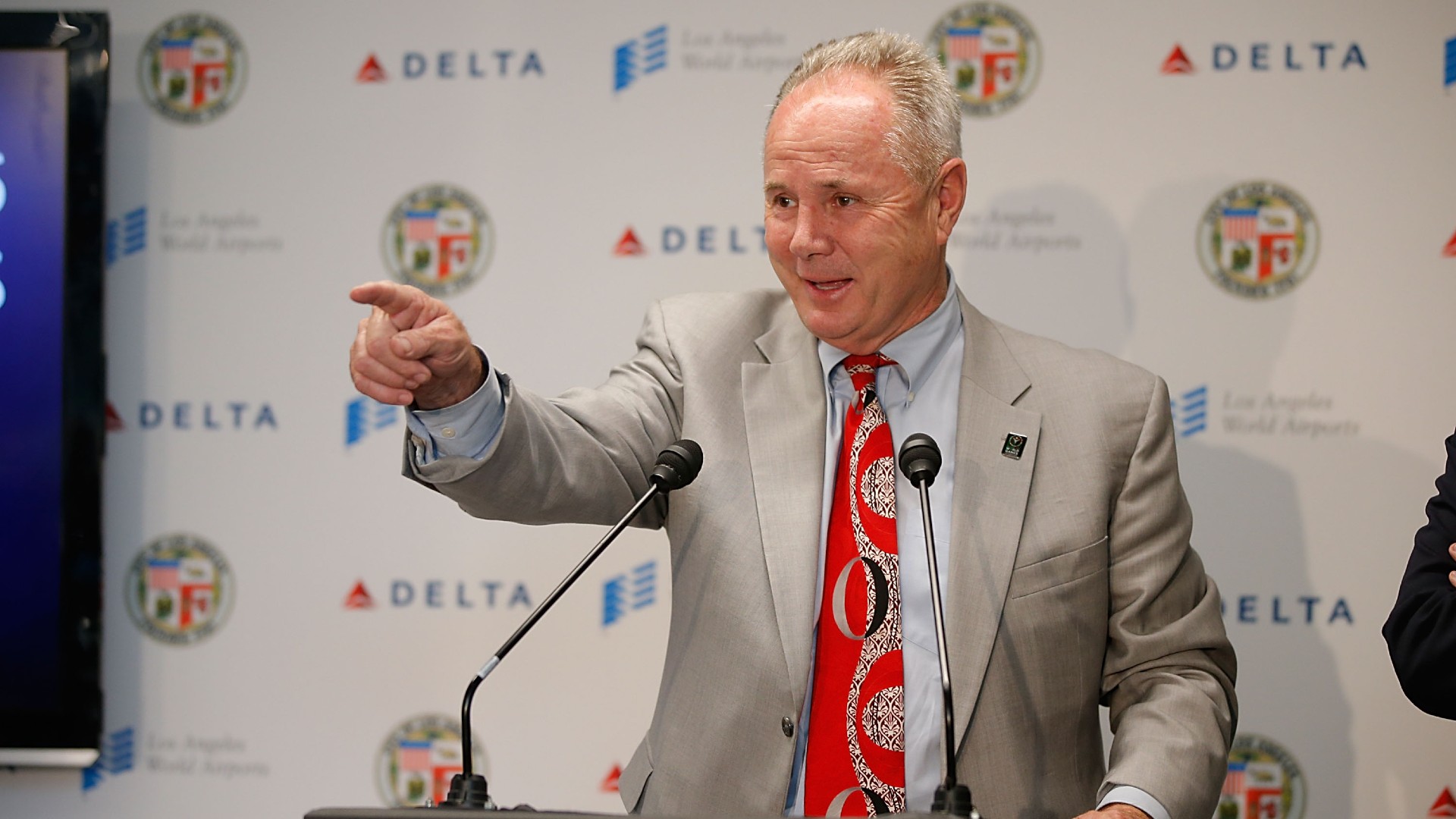 City of Los Angeles Councilmember Thomas LaBonge speaks during a press conference as Delta Air Lines Unveils $229-Million Dollar Enhancement Of LAX Terminal 5 at LAX Airport on June 10, 2015 in Los Angeles, California. (Joe Scarnici/Getty Images for Delta Air Lines)