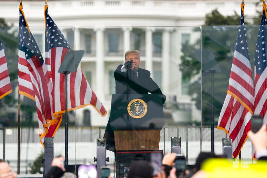 In this Jan. 6, 2021, file photo President Donald Trump speaks during a rally protesting the electoral college certification of Joe Biden as President in Washington. (AP Photo/Evan Vucci, File)