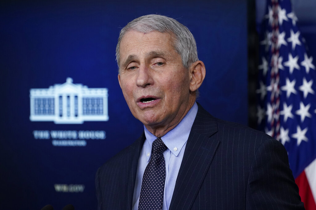 In this Jan. 21, 2021 file photo, Dr. Anthony Fauci, director of the National Institute of Allergy and Infectious Diseases, speaks with reporters in the James Brady Press Briefing Room at the White House in Washington. (AP Photo/Alex Brandon, File)