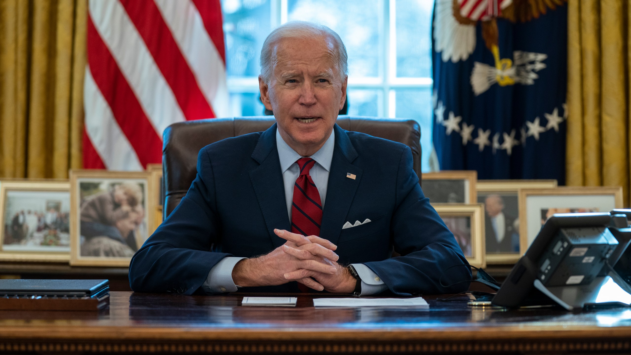 President Joe Biden delivers remarks on health care, in the Oval Office of the White House, Thursday, Jan. 28, 2021, in Washington. (AP Photo/Evan Vucci)