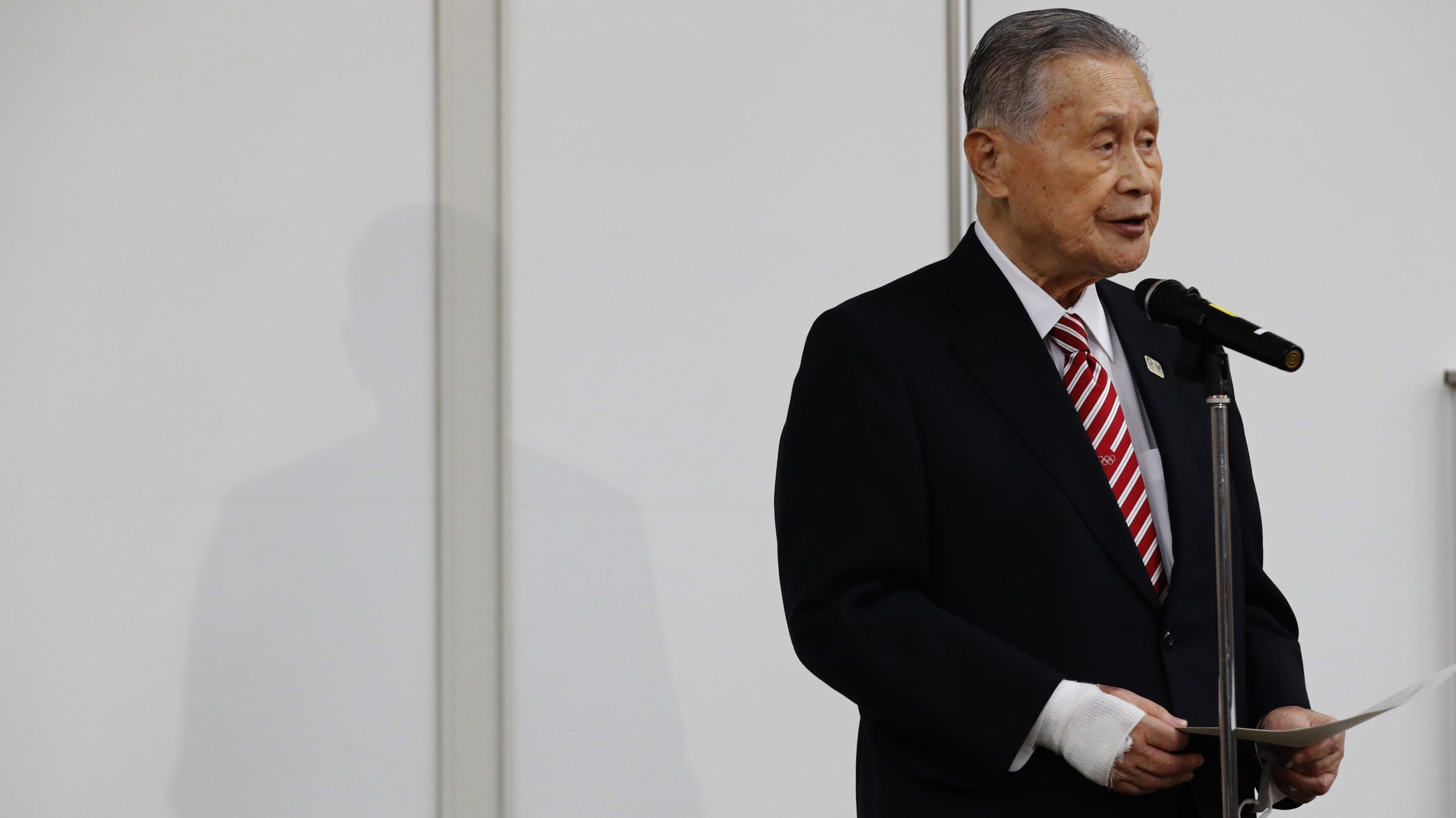 Yoshiro Mori, the president of the Tokyo Olympic organizing committee, speaks at a news conference in Tokyo on Feb. 4, 2021. (Kim Kyung-hoon / Associated Press)