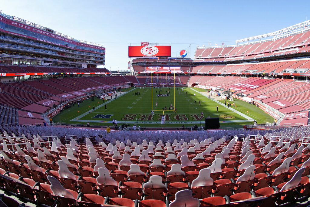 In this Oct. 4, 2020, file photo, Levi's Stadium is seen before an NFL football game between the San Francisco 49ers and the Philadelphia Eagles in Santa Clara, Calif. (AP Photo/Tony Avelar, File)