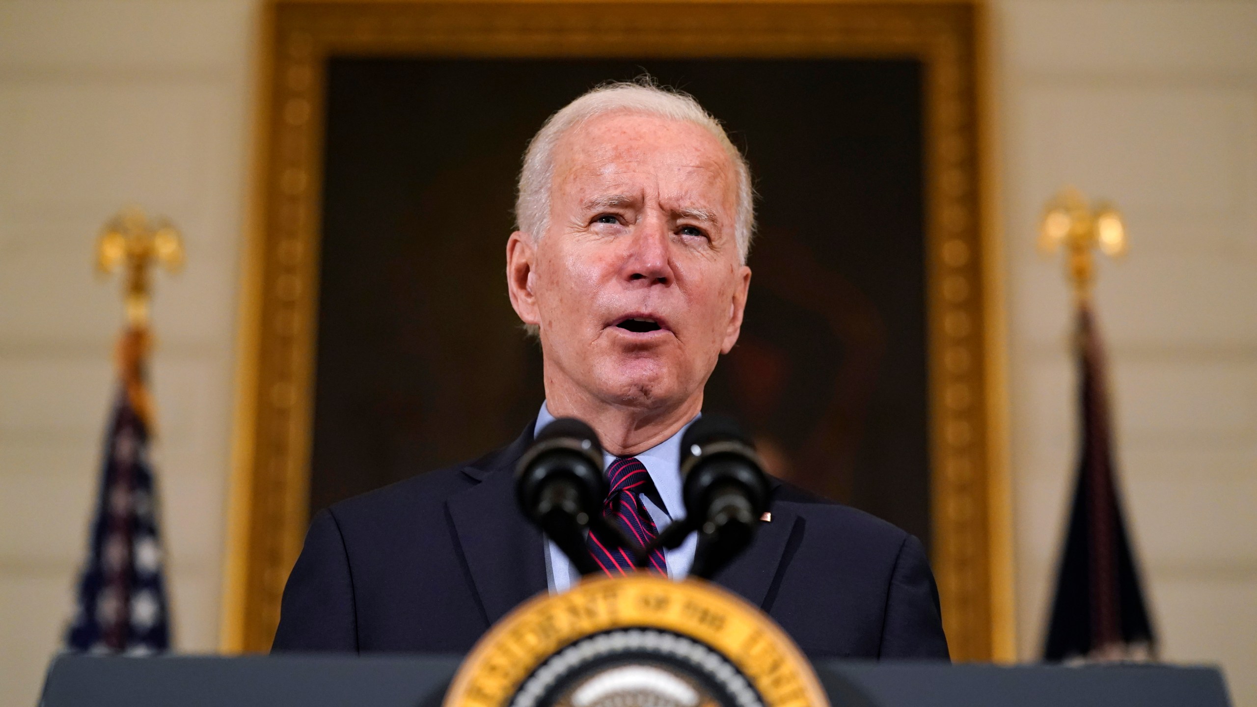 In this Friday, Feb. 5, 2021, file photo, President Joe Biden speaks in the State Dining Room of the White House, in Washington. (AP Photo/Alex Brandon)