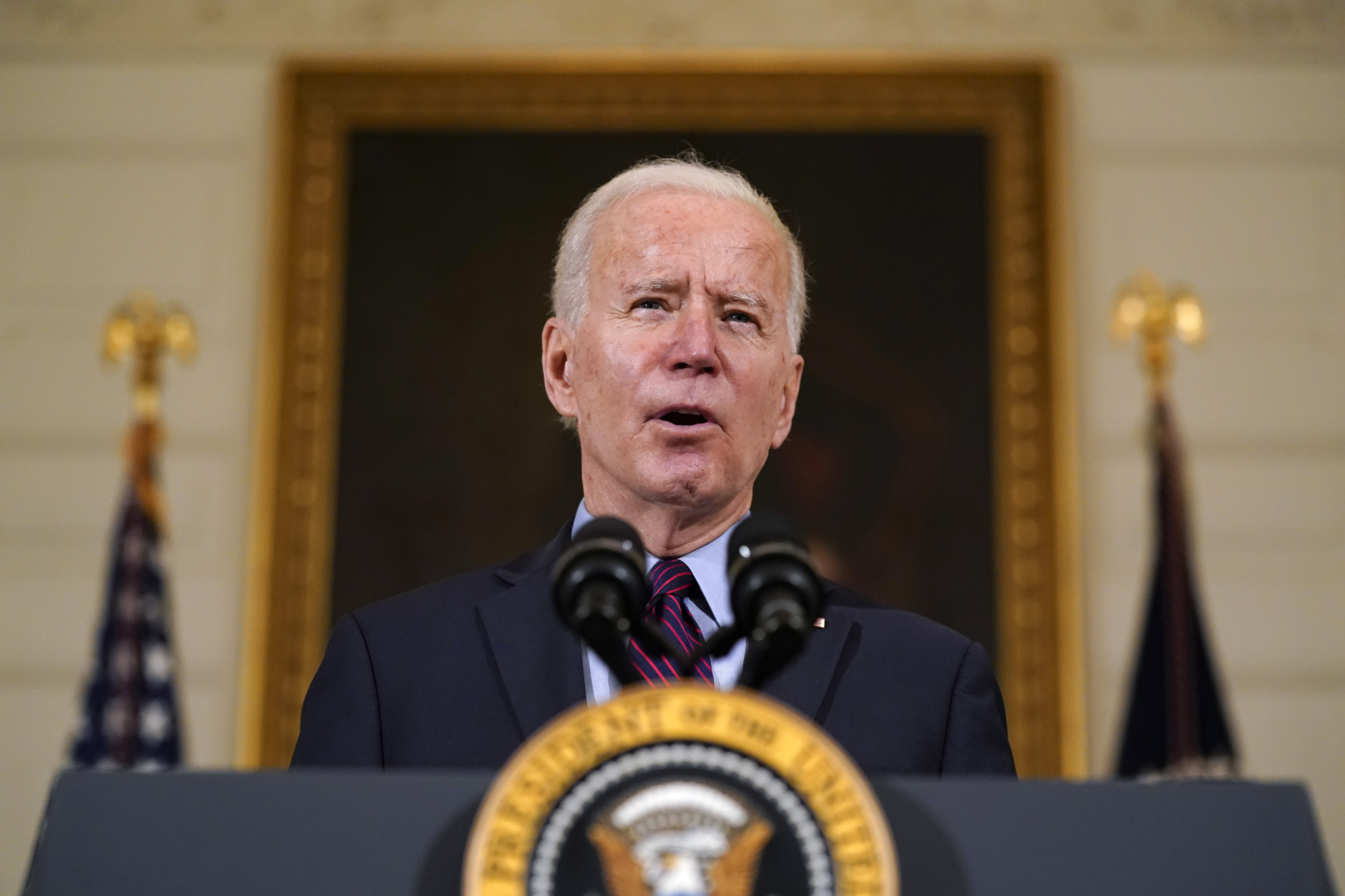 In this Friday, Feb. 5, 2021, file photo, President Joe Biden speaks in the State Dining Room of the White House, in Washington. (AP Photo/Alex Brandon)