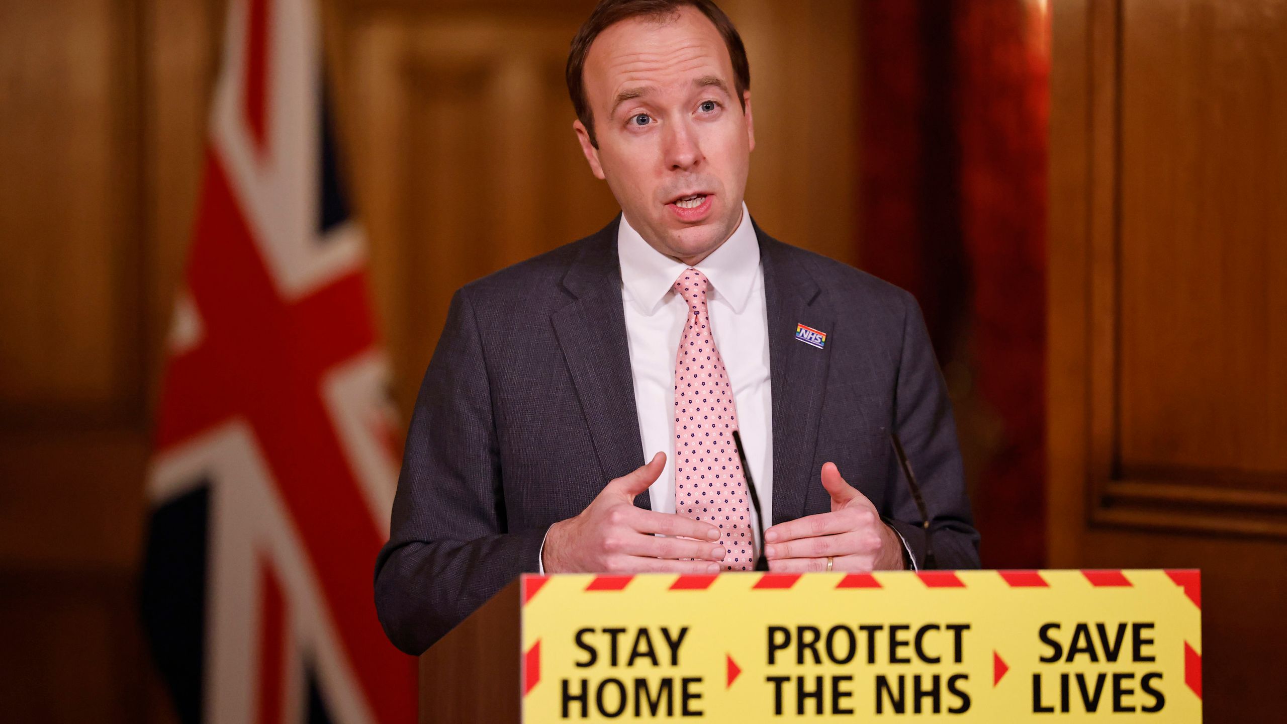 Britain's Health Secretary Matt Hancock speaks during a virtual press conference inside 10 Downing Street in central London, Monday, Feb. 8, 2021, to give an update on the coronavirus covid-19 pandemic. (Tolga Akmen/Pool photo via AP)