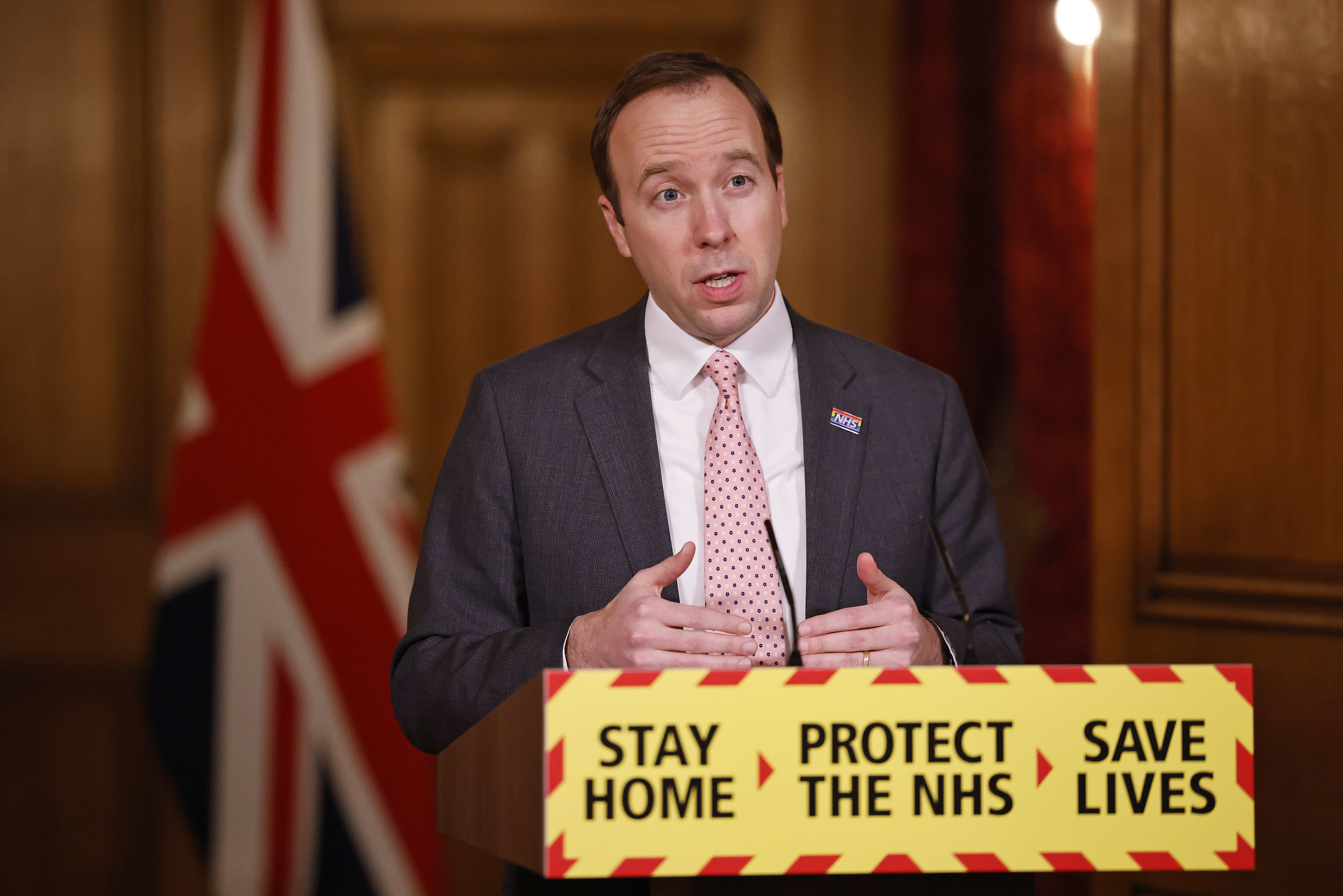 Britain's Health Secretary Matt Hancock speaks during a virtual press conference inside 10 Downing Street in central London, Monday, Feb. 8, 2021, to give an update on the coronavirus covid-19 pandemic. (Tolga Akmen/Pool photo via AP)