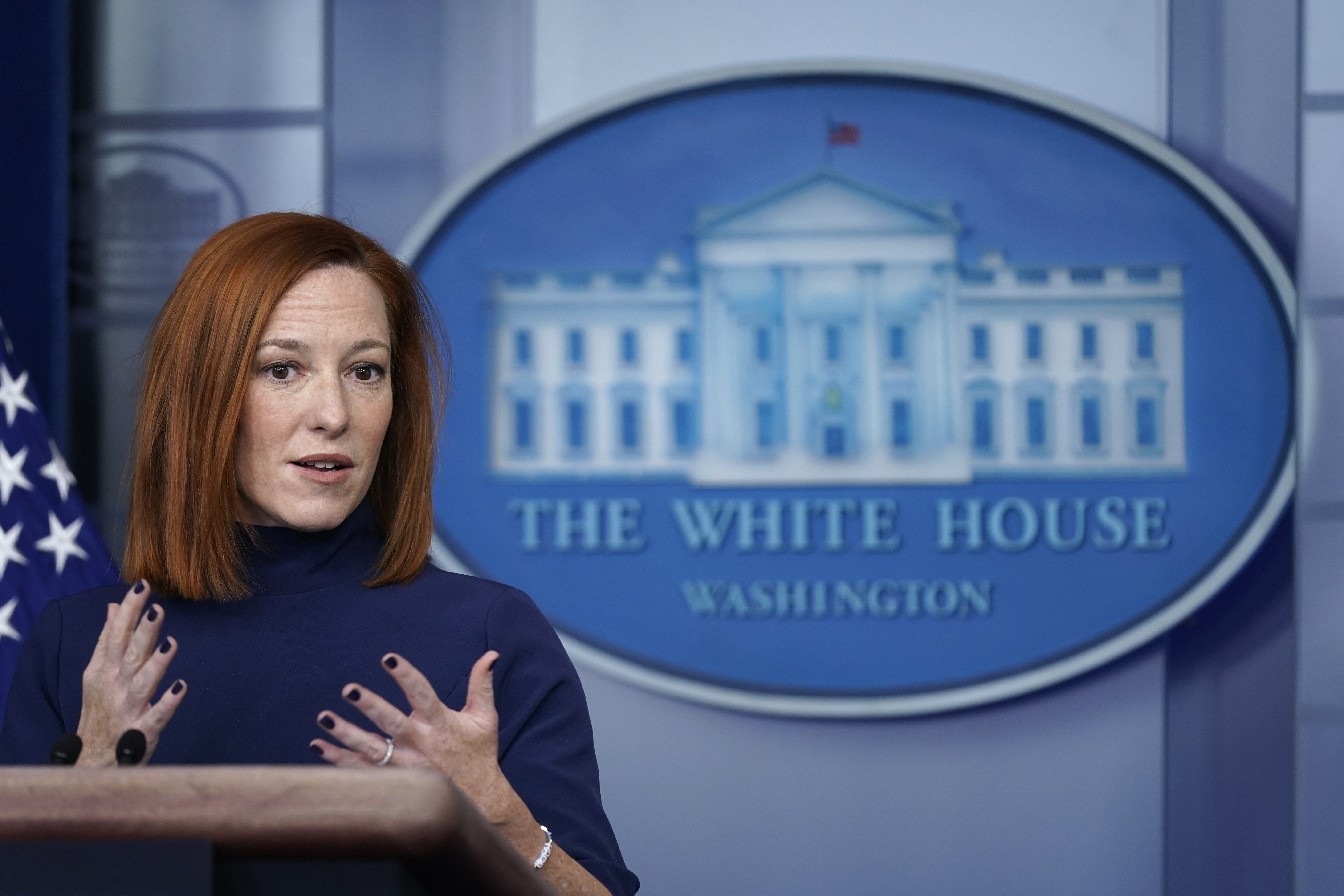 White House press secretary Jen Psaki speaks during a press briefing at the White House on Feb. 8, 2021. (Patrick Semansky / Associated Press)