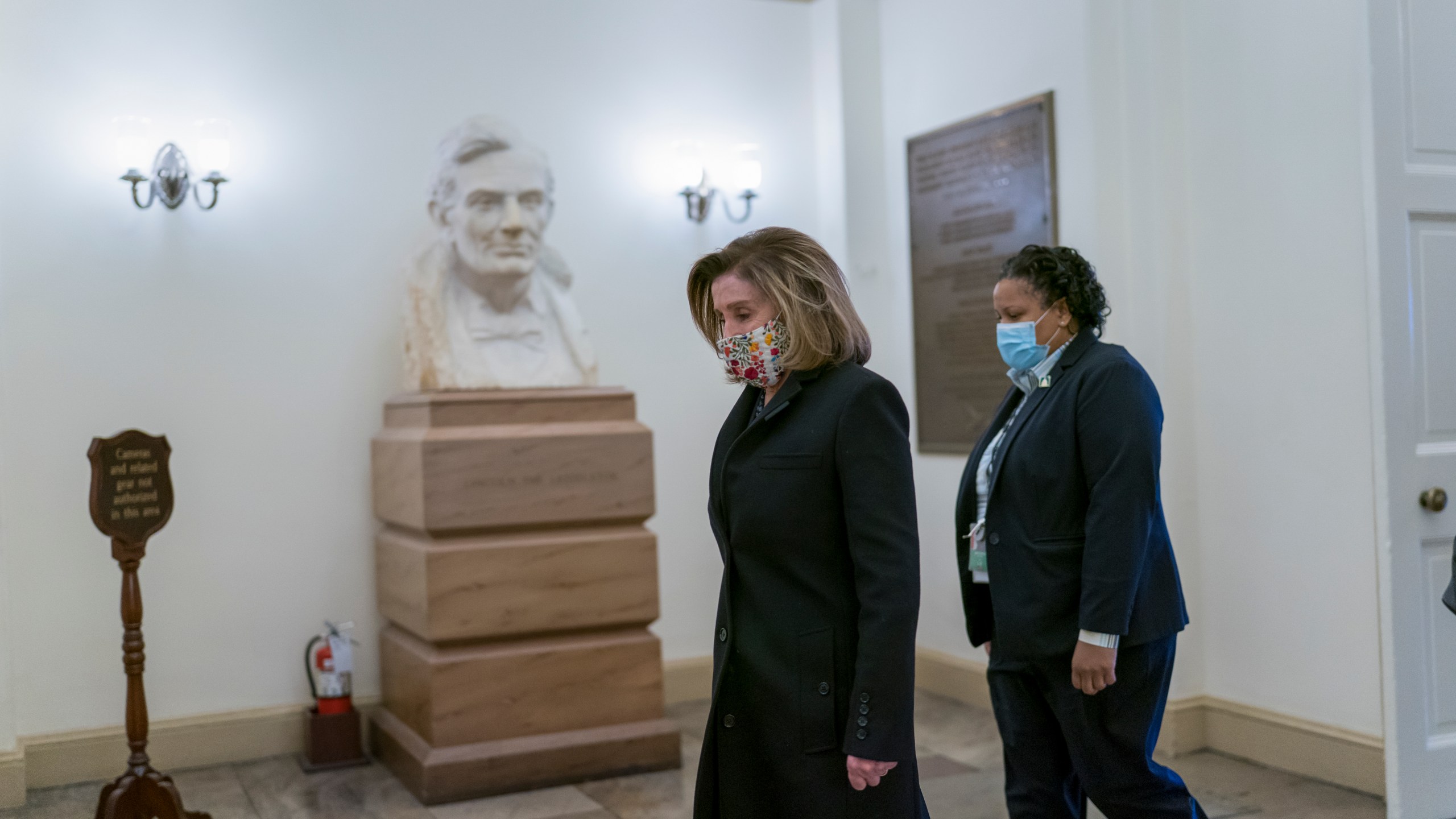 Speaker of the House Nancy Pelosi, D-Calif., arrives at the Capitol in Washington, Monday, Feb. 8, 2021, on the eve of the second impeachment trial of former President Donald Trump. The trial will begin Tuesday with a debate and vote on whether it's even constitutional to prosecute the former president, an argument that could resonate with Republicans keen on voting to acquit Trump. (AP Photo/J. Scott Applewhite)