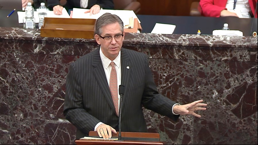 In this image from video, Bruce Castor, an attorney for former President Donald Trump speaks during the second impeachment trial of Trump in the Senate at the U.S. Capitol in Washington, Tuesday, Feb. 9, 2021. (Senate Television via AP)