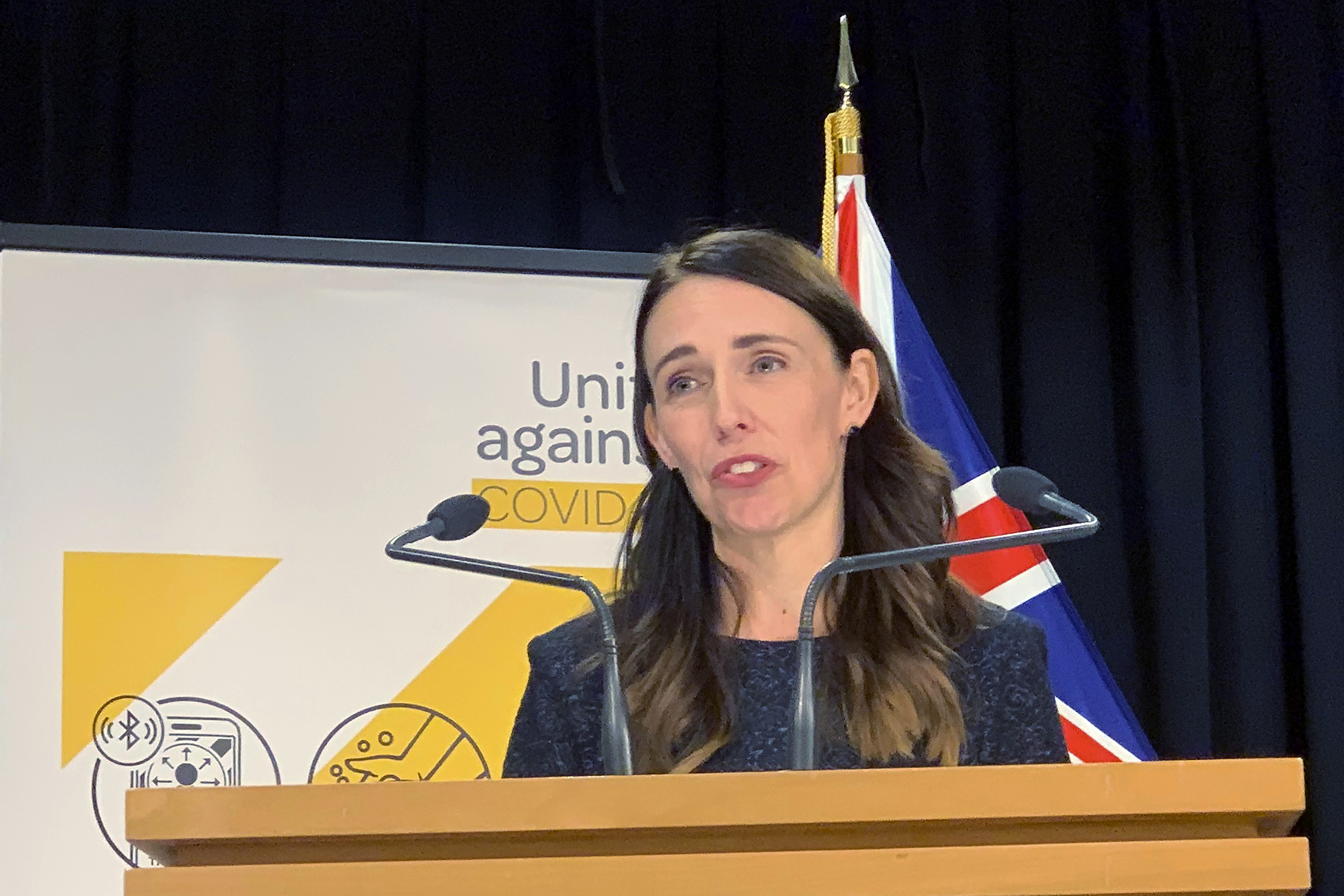 New Zealand's Prime Minister Jacinda Ardern talks to media in Wellington, New Zealand Monday, Feb. 15, 2021. (AP Photo/Nick Perry)