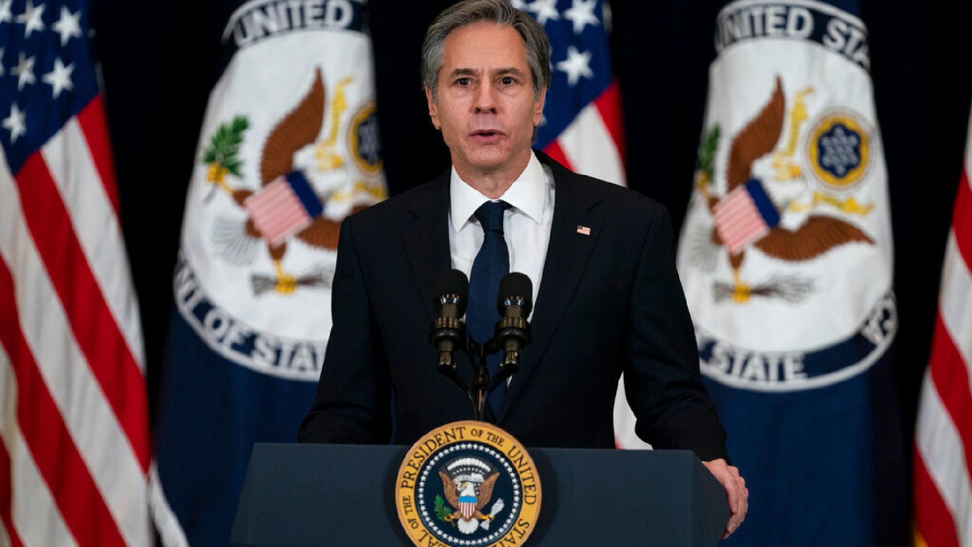 In this Feb. 4, 2021, photo, Secretary of State Antony Blinken speaks at the State Department in Washington. (AP Photo/Evan Vucci)