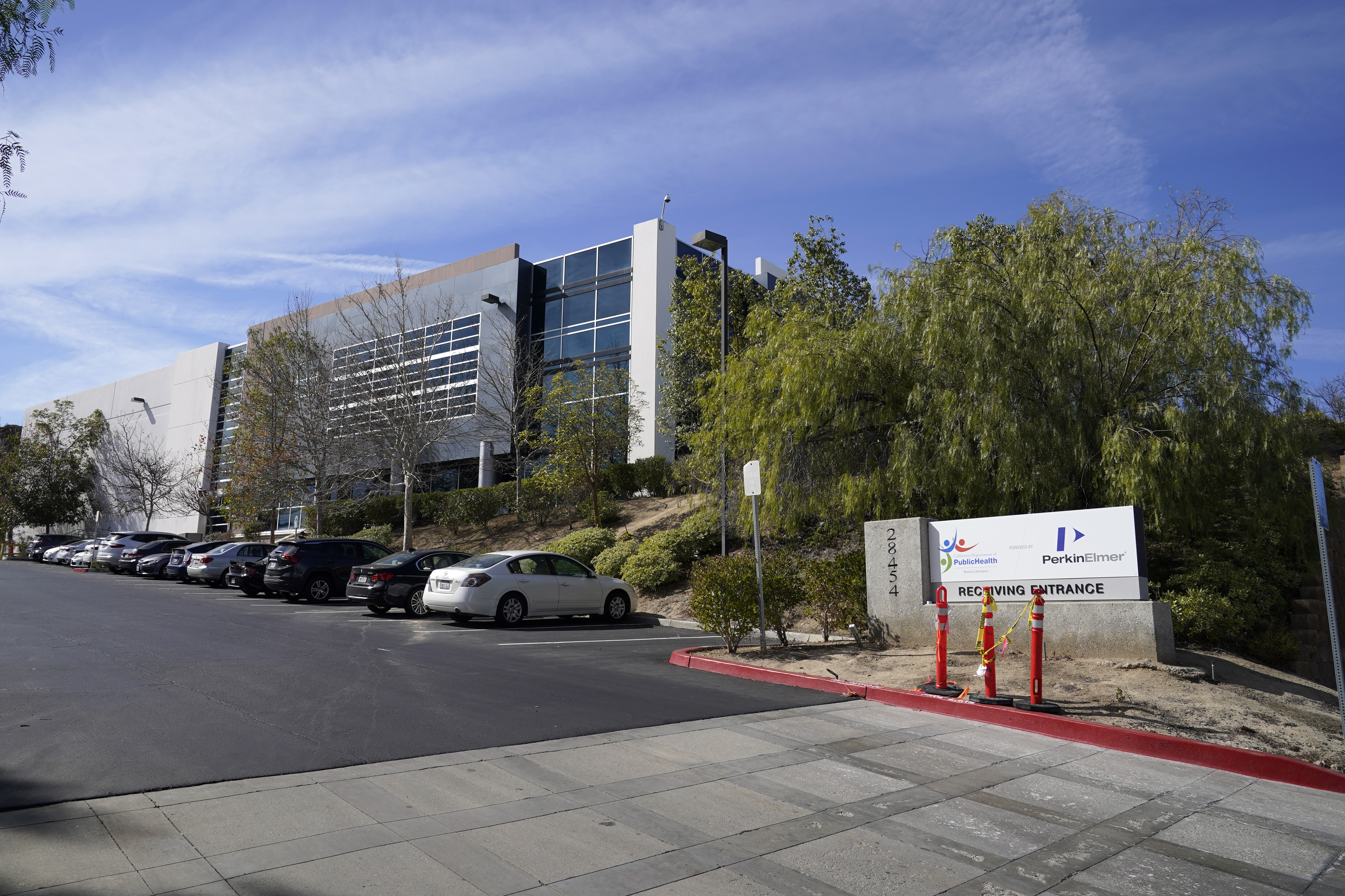 The exterior of the PerkinElmer lab in Valencia is seen on Feb. 11, 2021. (Marcio Jose Sanchez / Associated Press)