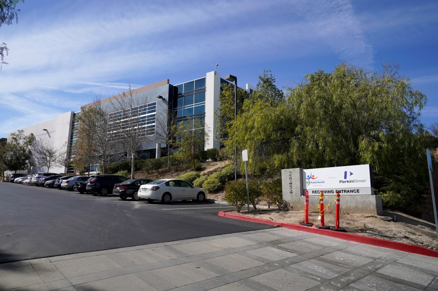 The exterior of the PerkinElmer lab in Valencia is seen on Feb. 11, 2021. (Marcio Jose Sanchez / Associated Press)