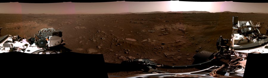 This composite image made available by NASA on Feb. 22, 2021 produced from photos by the Perseverance Mars rover, shows the surface of Mars. It landed on Feb. 18. (NASA/JPL-Caltech via AP)