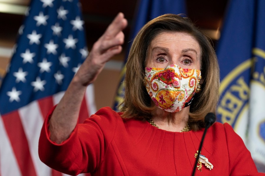 In this Feb. 11, 2021, photo, House Speaker Nancy Pelosi of Calif., speaks during a news conference at the Capitol in Washington. The Democratic-led House is poised to pass a bill that enshrines protections in the nation’s labor and civil rights laws for LGBTQ people, a top priority of President Joe Biden, though the legislation faces an uphill battle in the Senate. (AP Photo/Manuel Balce Ceneta)