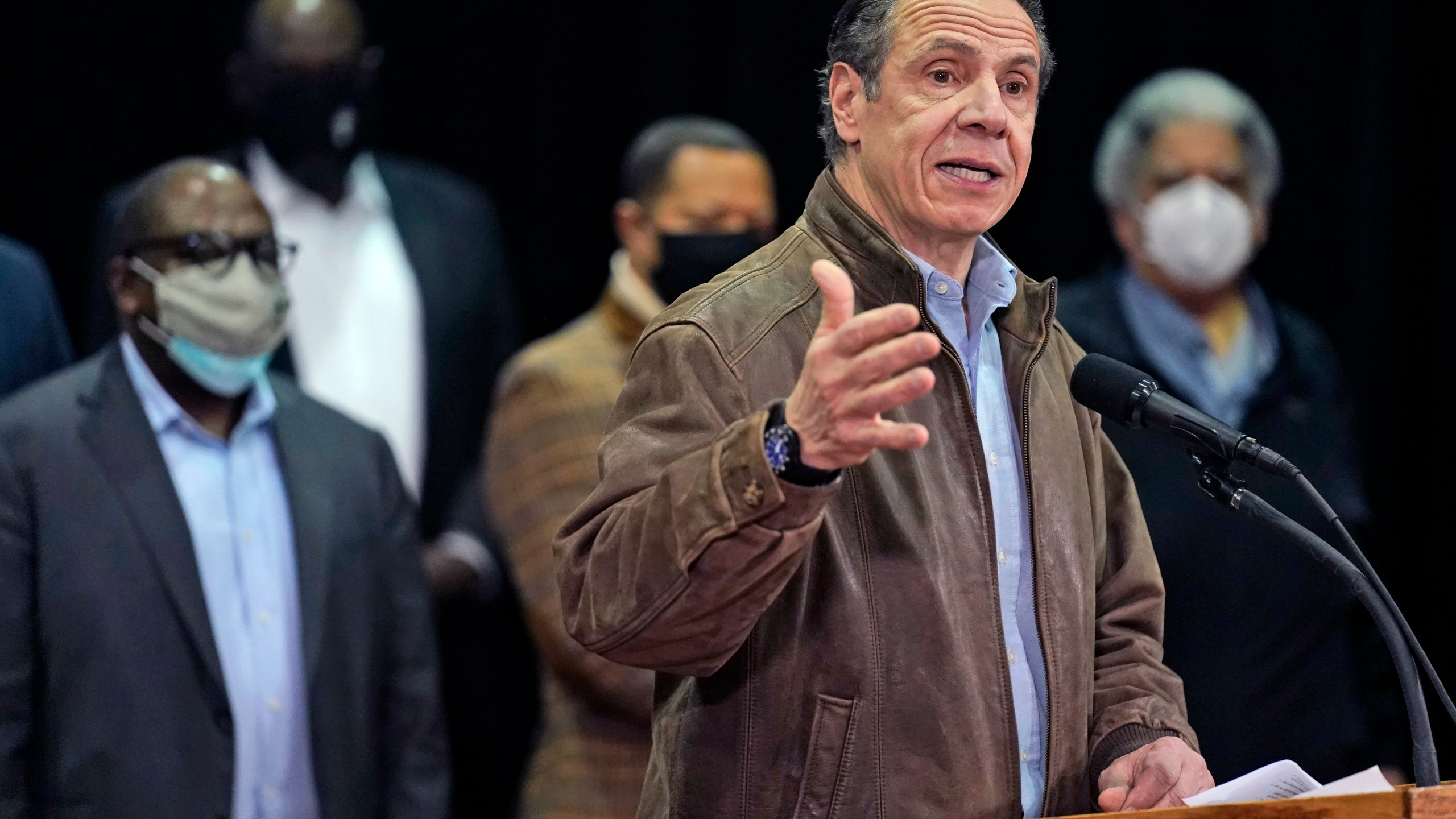 In this Wednesday, Feb. 24, 2021, file photo, New York Gov. Andrew Cuomo speaks during a press conference before the opening of a mass COVID-19 vaccination site in the Queens borough of New York. (AP Photo/Seth Wenig, Pool, File)