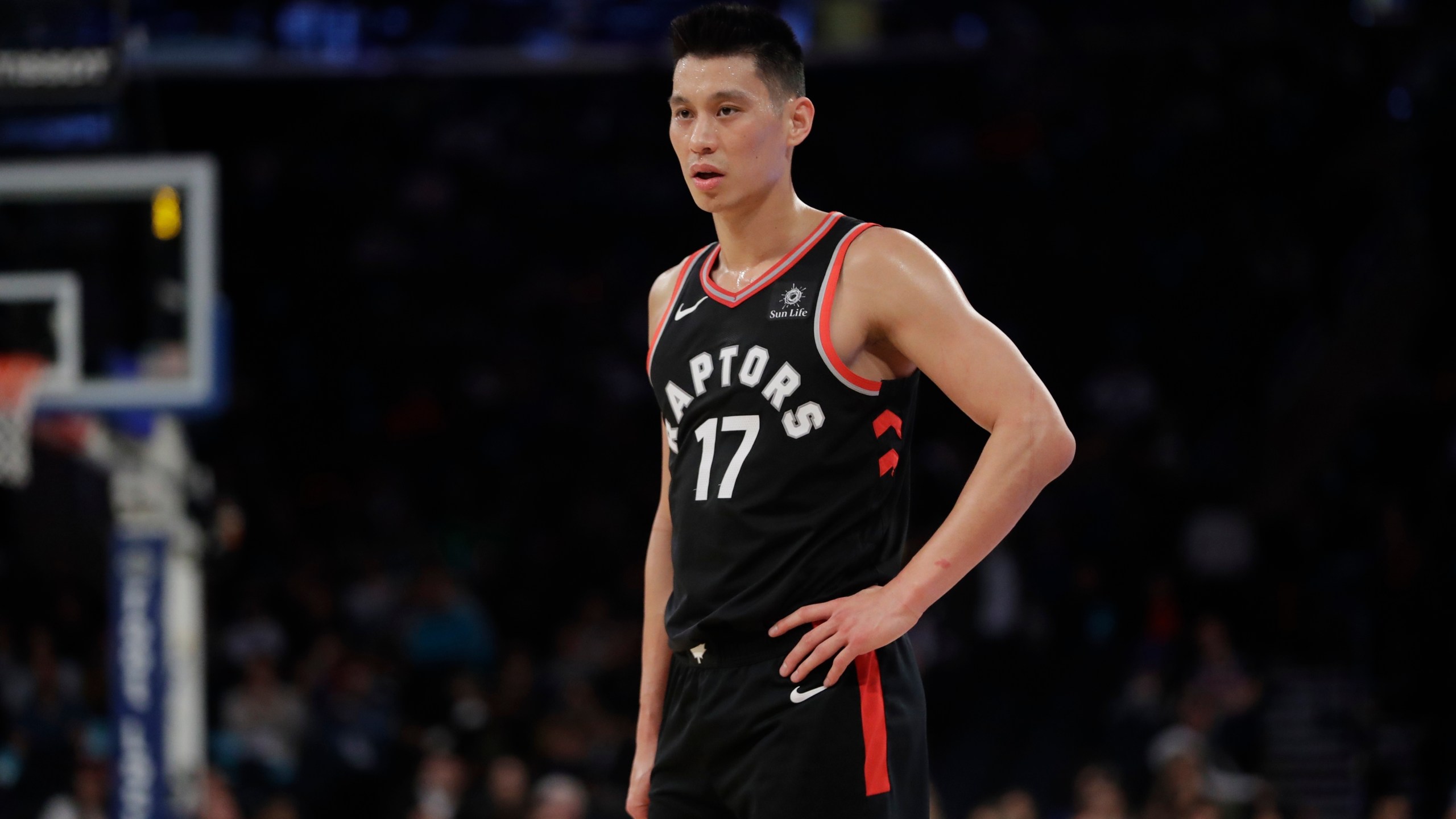 In this March 28, 2019, file photo, Toronto Raptors' Jeremy Lin stands on the court during the second half of the team's NBA basketball game against the New York Knicks in New York. (AP Photo/Frank Franklin II, File)