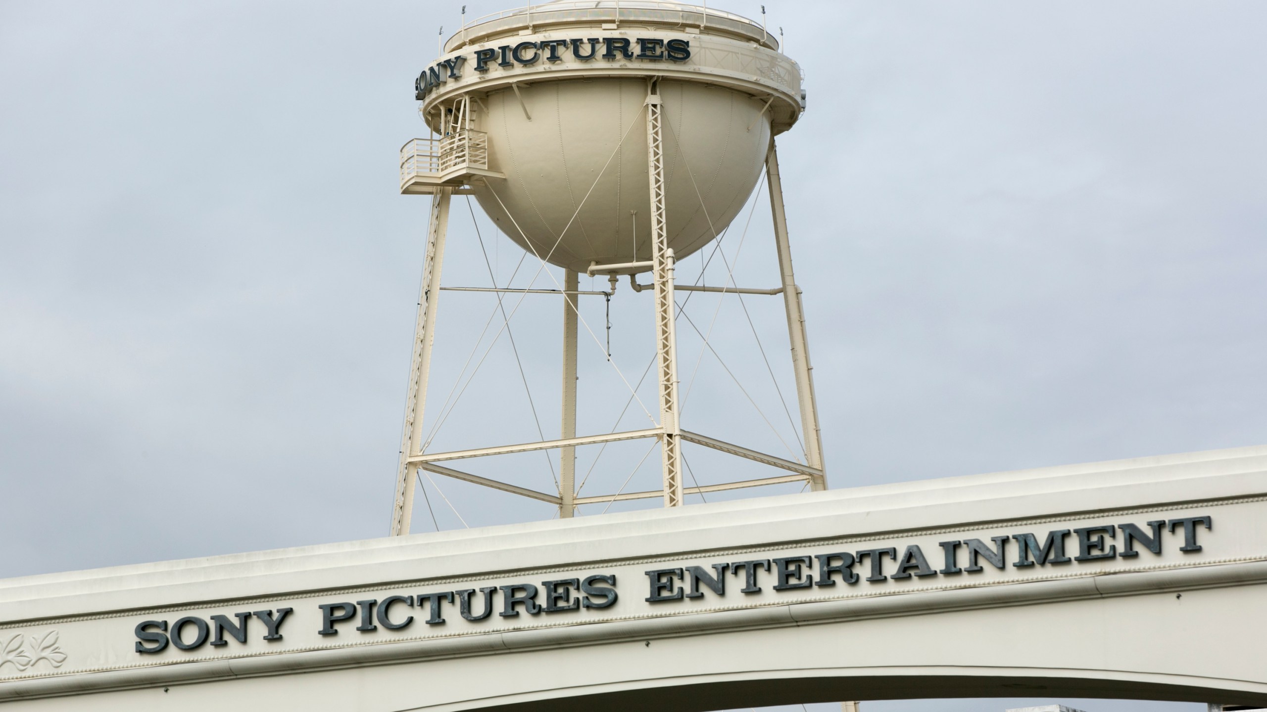 This Dec. 18, 2014, file photo shows a Sony Pictures Entertainment studio lot entrance from Culver Blvd. in Culver City, Calif. (AP Photo/Damian Dovarganes, File)