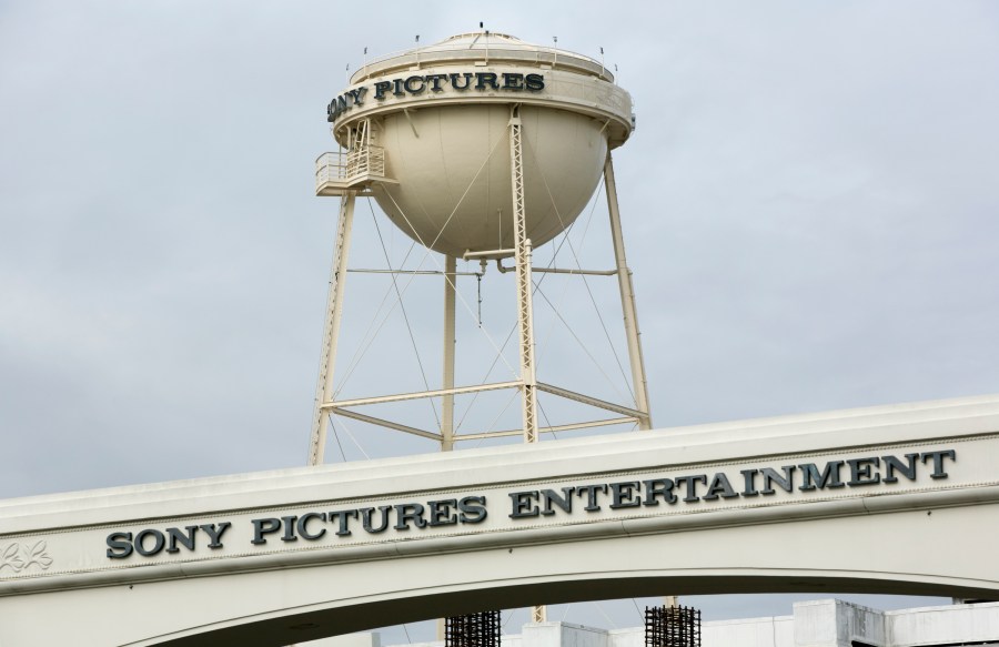 This Dec. 18, 2014, file photo shows a Sony Pictures Entertainment studio lot entrance from Culver Blvd. in Culver City, Calif. (AP Photo/Damian Dovarganes, File)