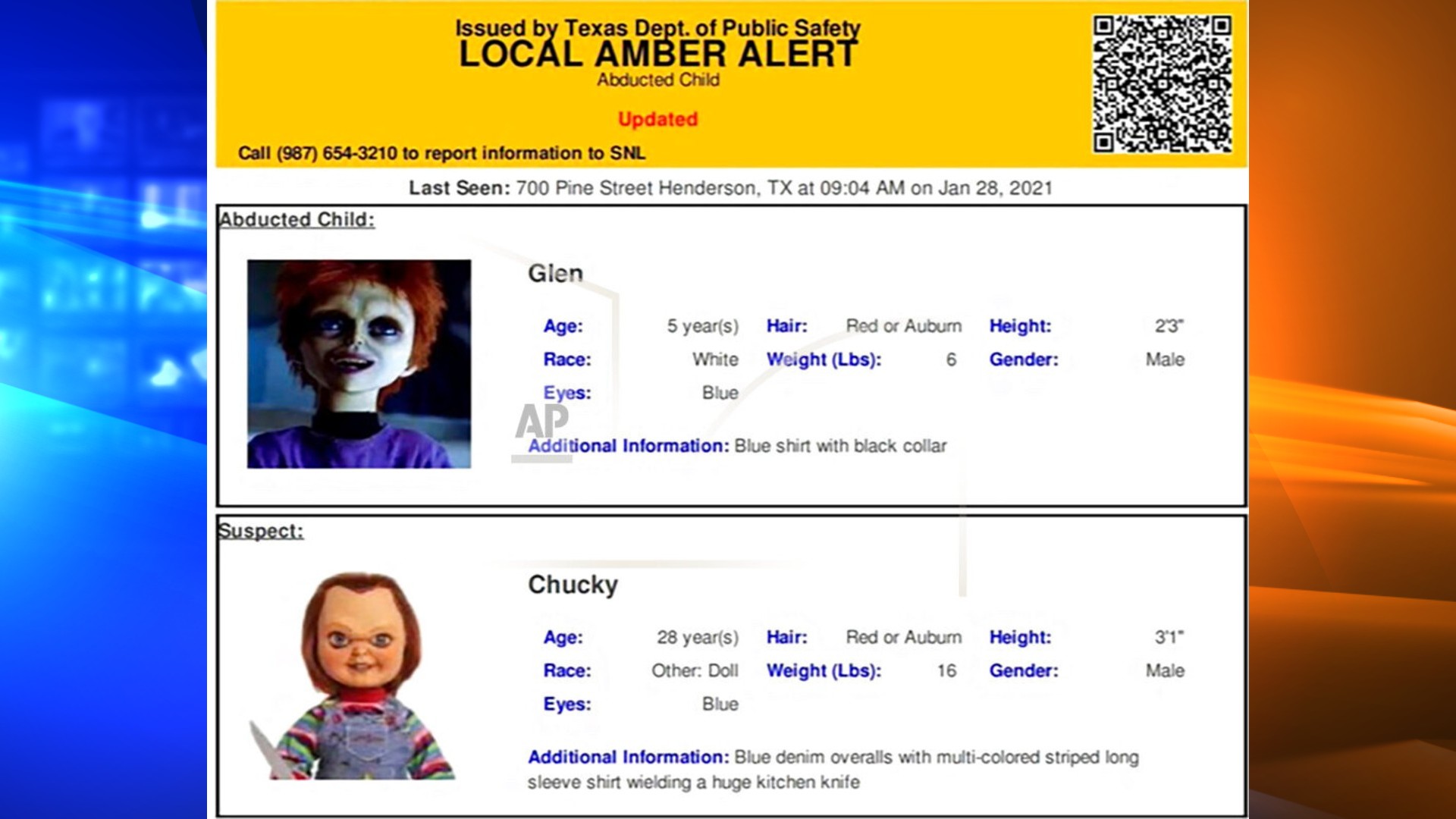 This photo provided by The Texas Department of Public Safety shows an Amber Alert test for Chucky and his son Glen Ray that was released last Friday, Jan. 29, 2021 by the agency. The Texas Department of Public Safety is apologizing after accidentally sending out an Amber Alert about Chucky, the killer doll featured in the 1980s horror film “Child's Play.” The alert was meant to be an internal test, but it was instead sent out three times last week in Texas. (Texas Department of Public Safety/The San Antonio Express-News via AP)