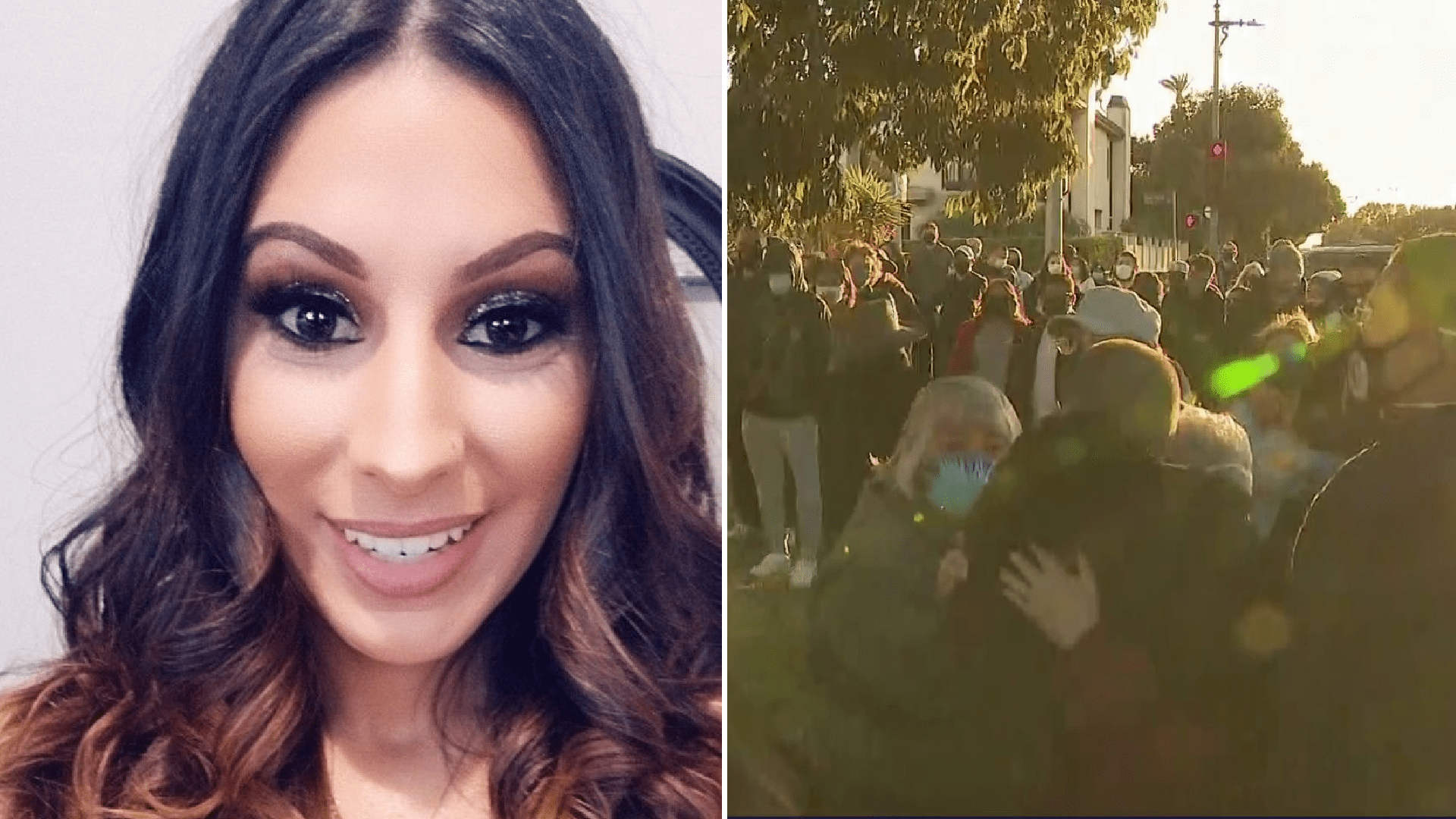 Monique Muñoz, 32, is seen in an undated photo provided by loved ones. On the right, a vigil is held for her in West L.A. on Feb. 20, 2021. (KTLA)