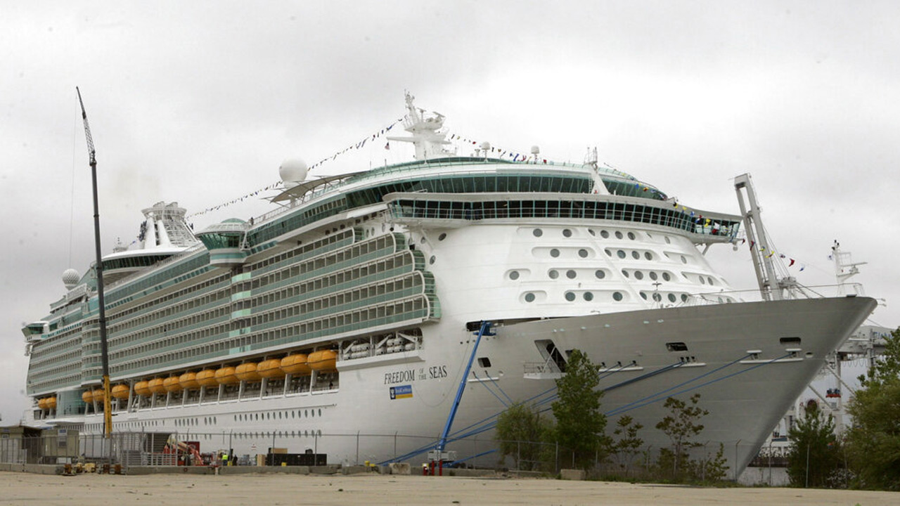 This May 11, 2006 file photo shows the Freedom of the Seas cruise ship docked in Bayonne, N.J. (AP Photo/Mike Derer, File)