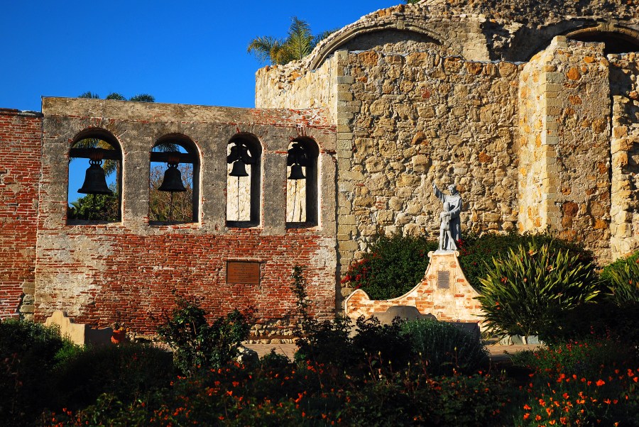 San Juan Capistrano, CA, USA March 25, 2008 A bell tower and stone wall are the only remaining pieces of the original Mission San Juan Capistrano in California. (Getty Images)